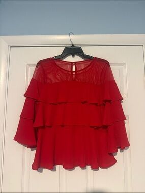 Joseph Ribkoff Women's Red Ruffle Tiered Blouse with Sheer Yoke